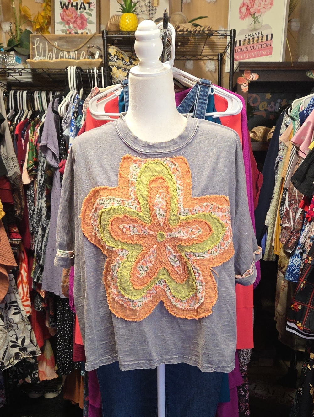 Easel Mineral Washed Cotton Top with Flower Patch